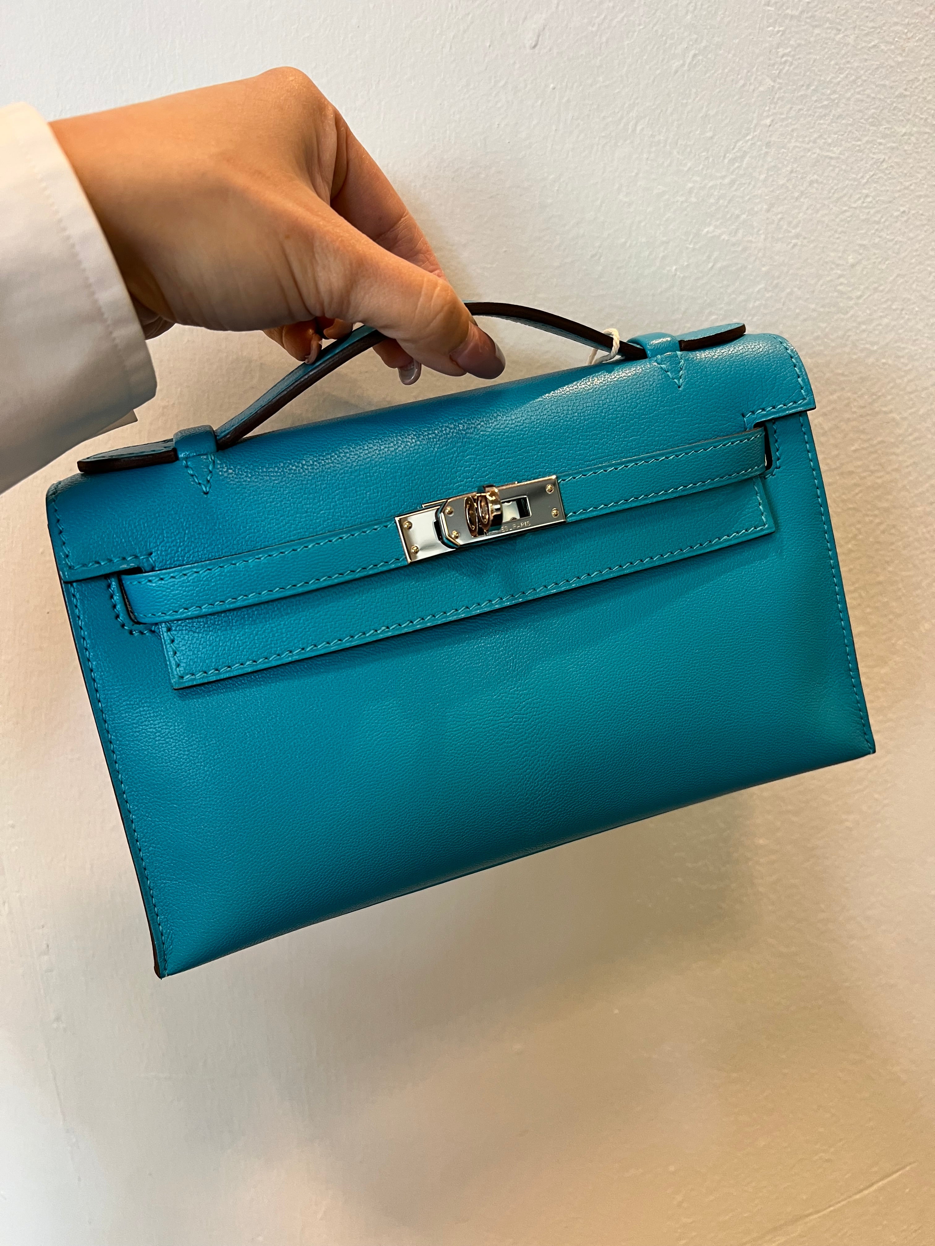 Hermes Kelly Pochette Blue Aztec Chevre PHW #M SYC0502SK