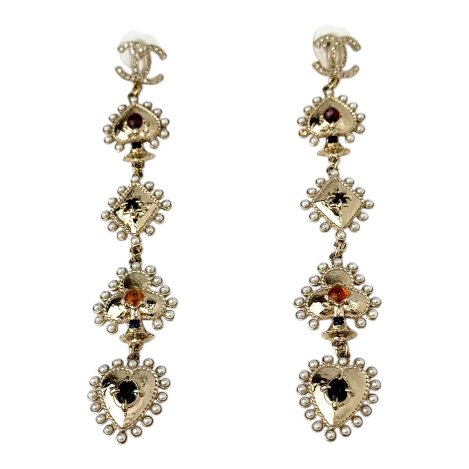 Chanel Long Gold Earring with CC Logo & Pearls & Cystals