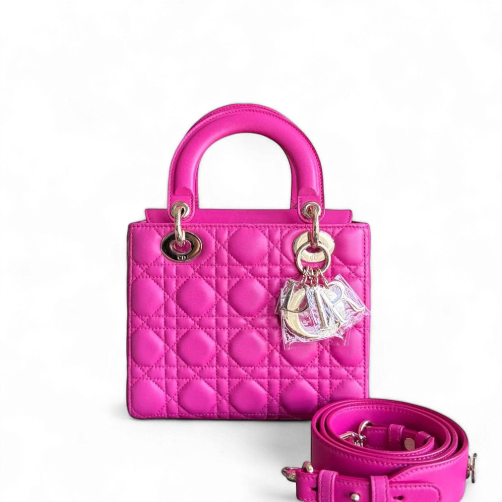 DIOR LADY SMALL FLAP - CANNAGE LAMBSKIN HOT PINK GOLD HARDWARE SYCM515
