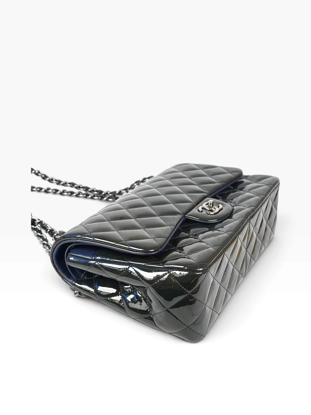 Chanel Classic Flap Jumbo Dark Green / Navy in Patent Leather