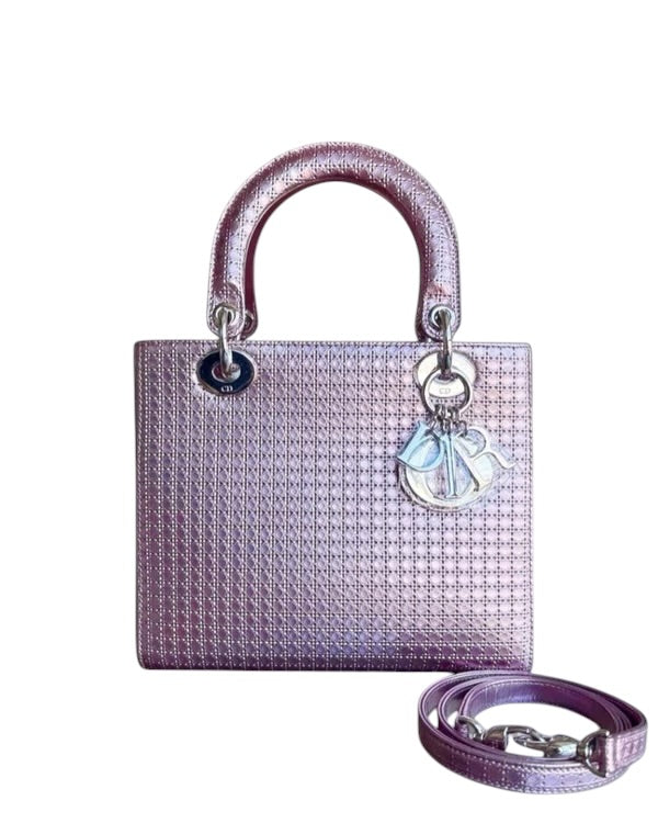 DIOR LADY MEDIUM - MICRO-CANNAGE METALLIC PINK SILVER HARDWARE SYCMDA101