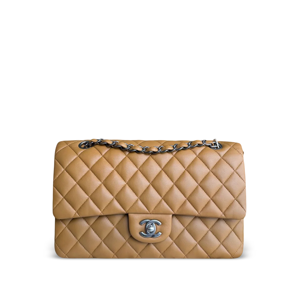 CHANEL CLASSIC FLAP MEDIUM - 25CM QUILTED LAMBSKIN CARAMEL SILVER HARDWARE SERIES 19 SYCM610