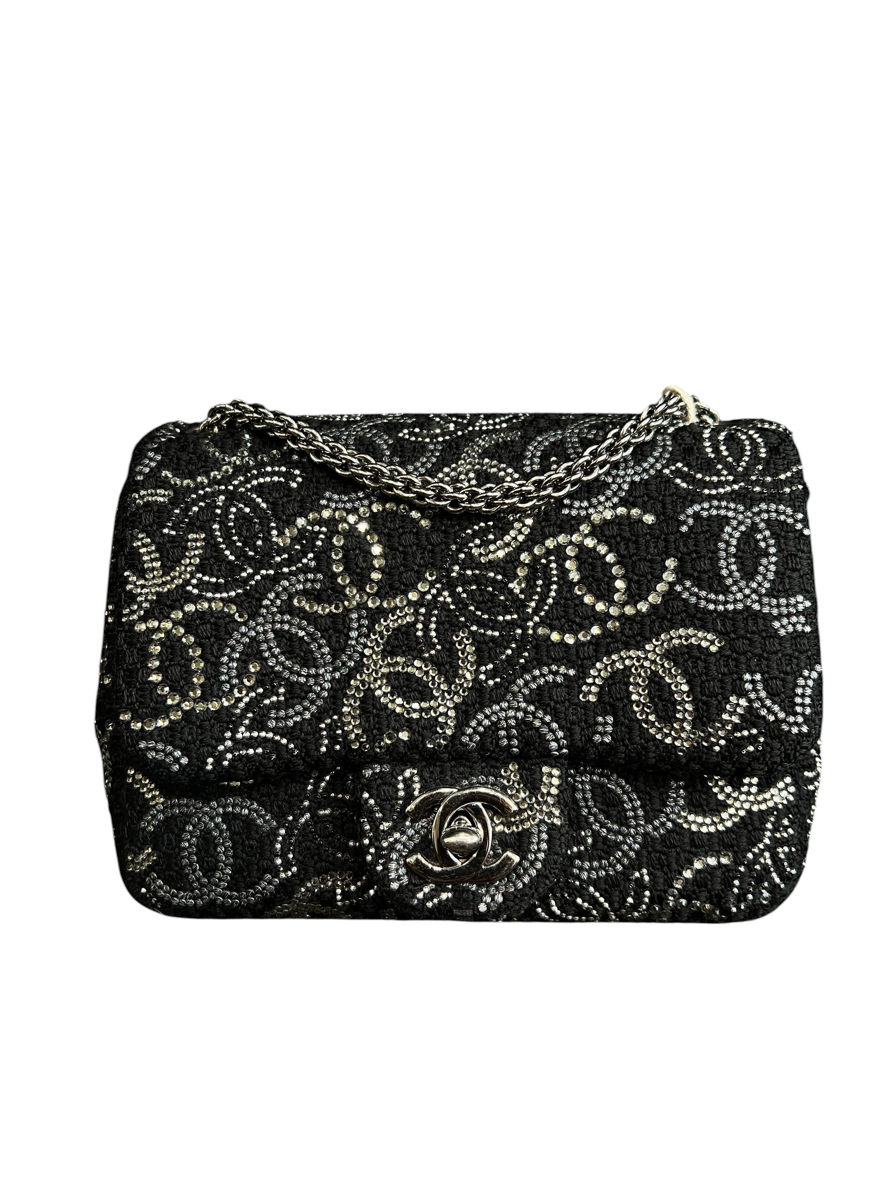 Chanel Paris Shanghai Crystal CC Tweed Black Mini Square RHW SYCYE1303