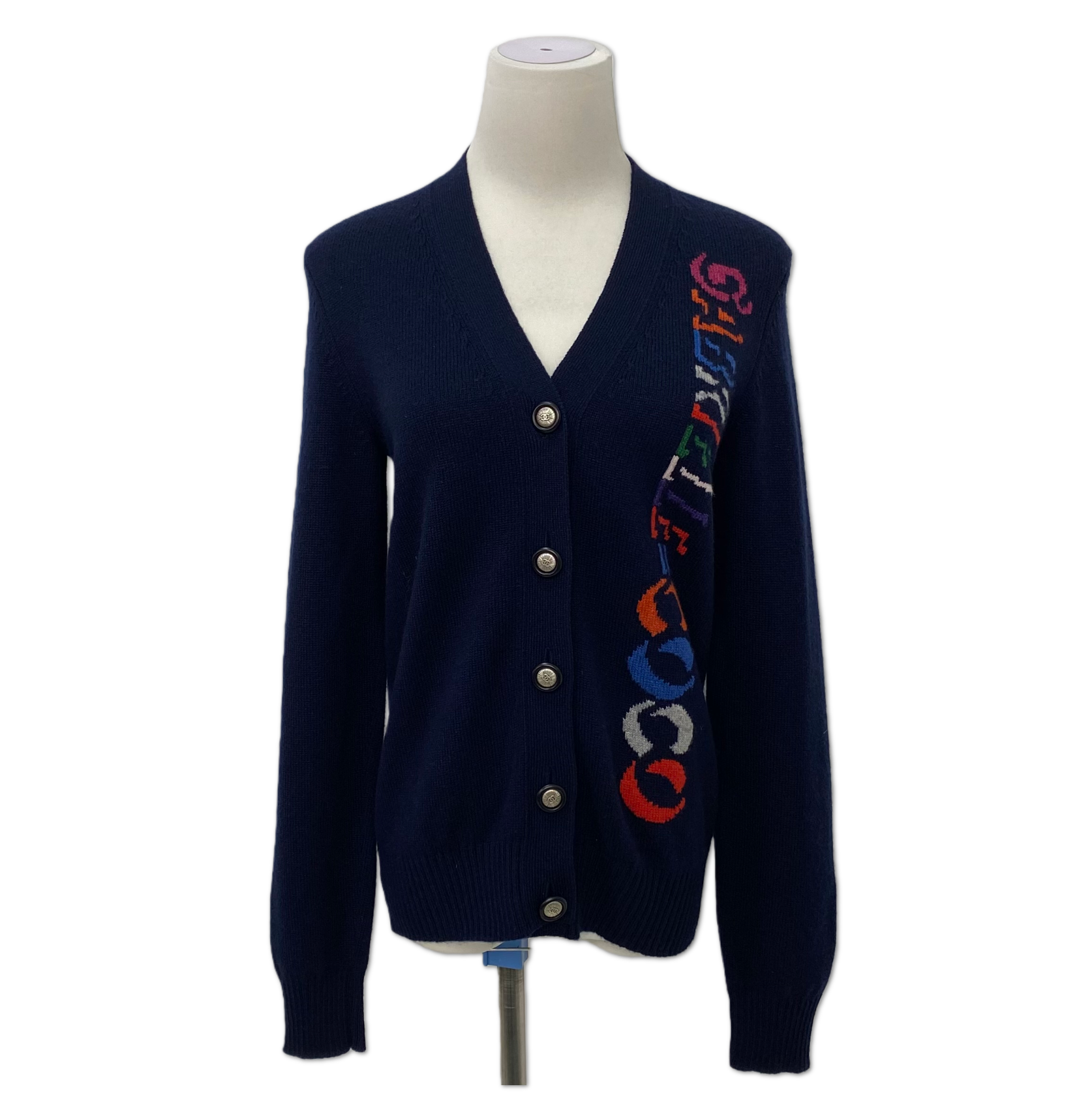 Chanel Navy Intarsia Logo V-Neck Cardigan size 34 C17947625210
