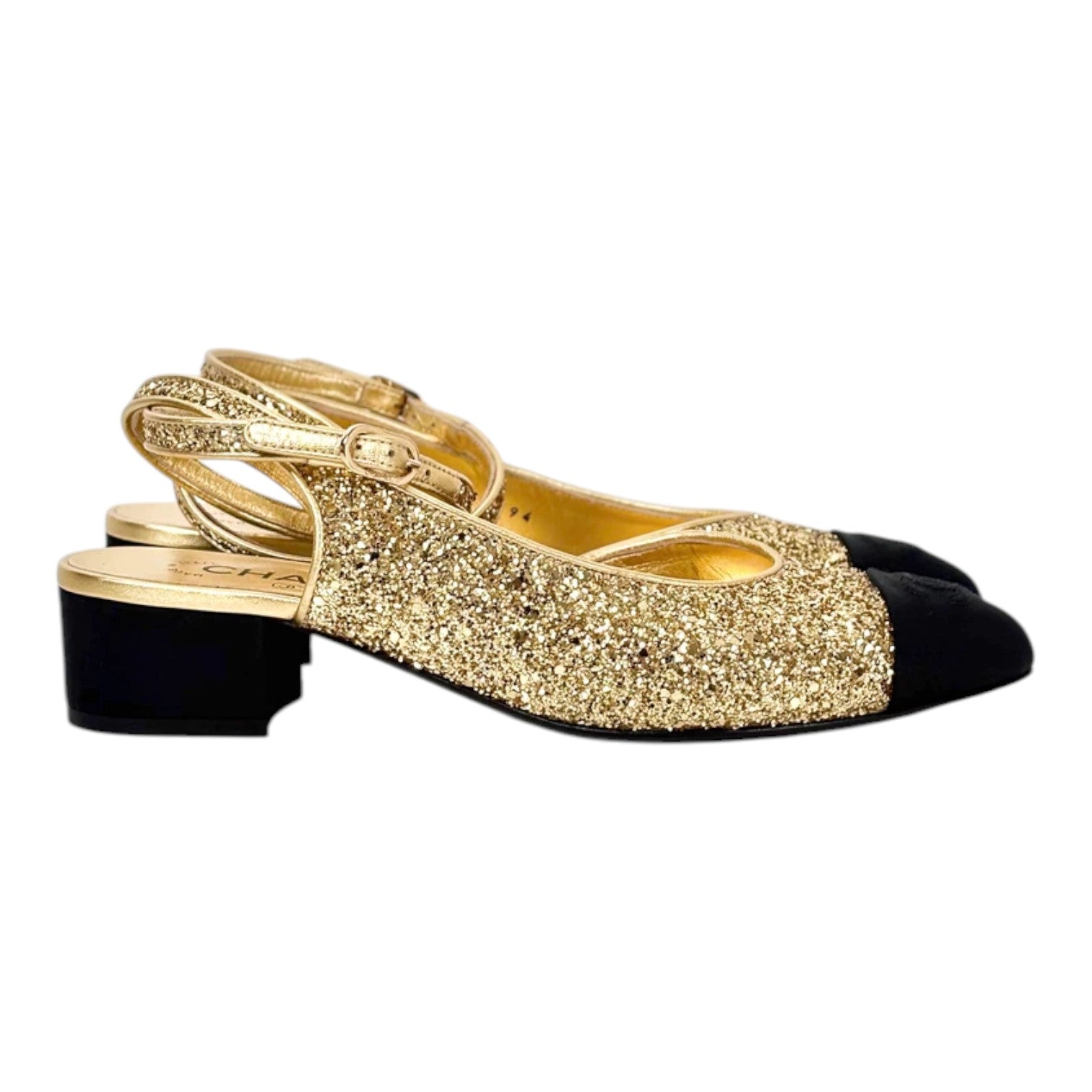 Chanel 21A Gold and Black Sling Back Shoes - Size 38.5