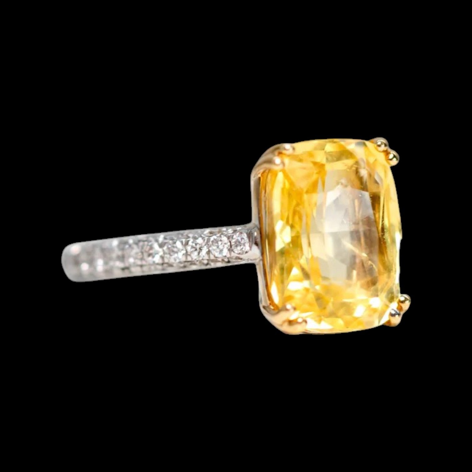 6.77ct "No Heat" Elongated Cushion Cut Yellow Sapphire and 0.72ct (EF VS) Diamond Ring set in 18K White & Yellow Gold