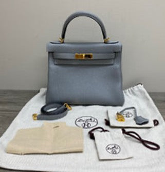 HERMES Kelly 28 Handbag with Glacier Blue and Gold Buckle 3072603234259