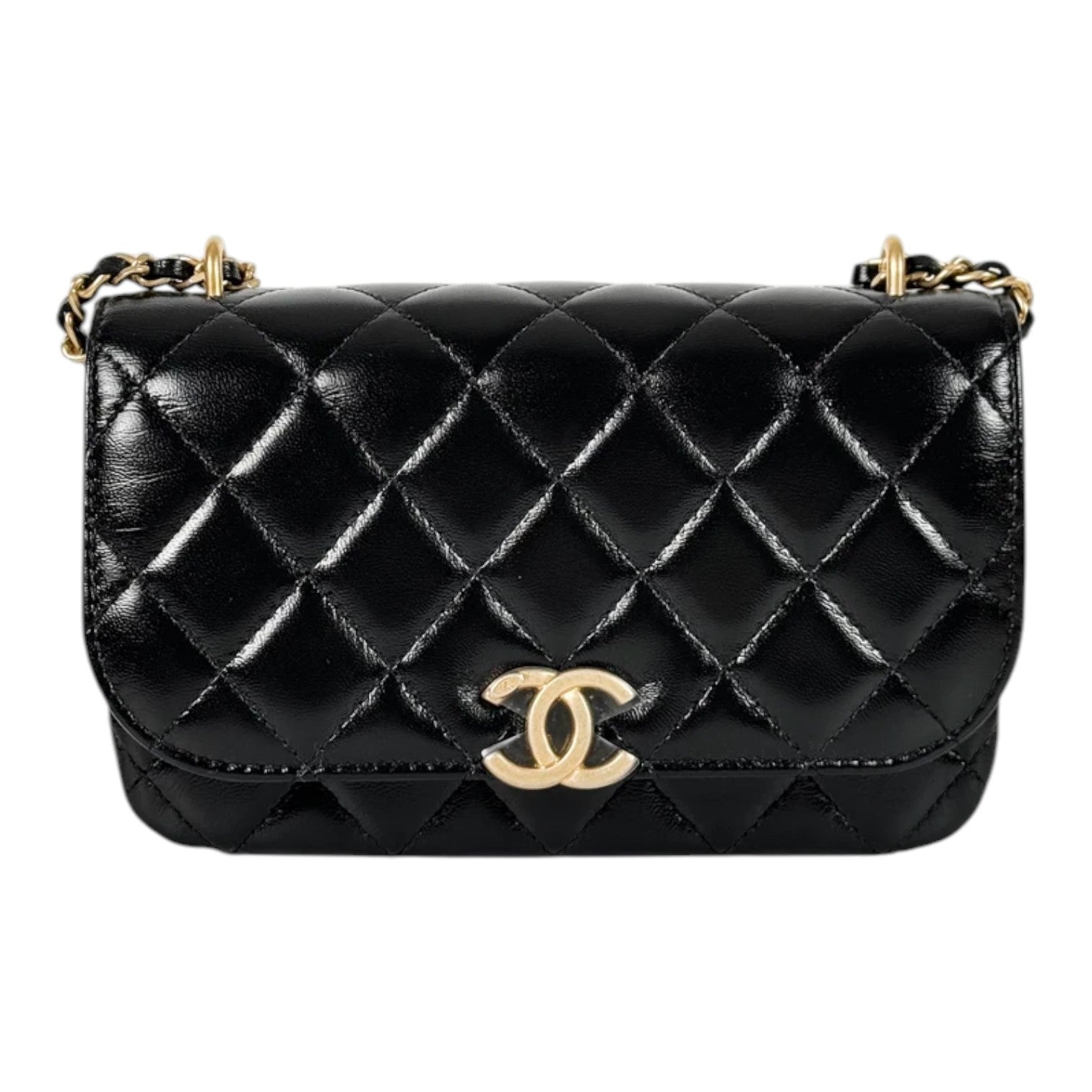 Chanel Black Calfskin Chain Bag with Gold Hardware Logo CC