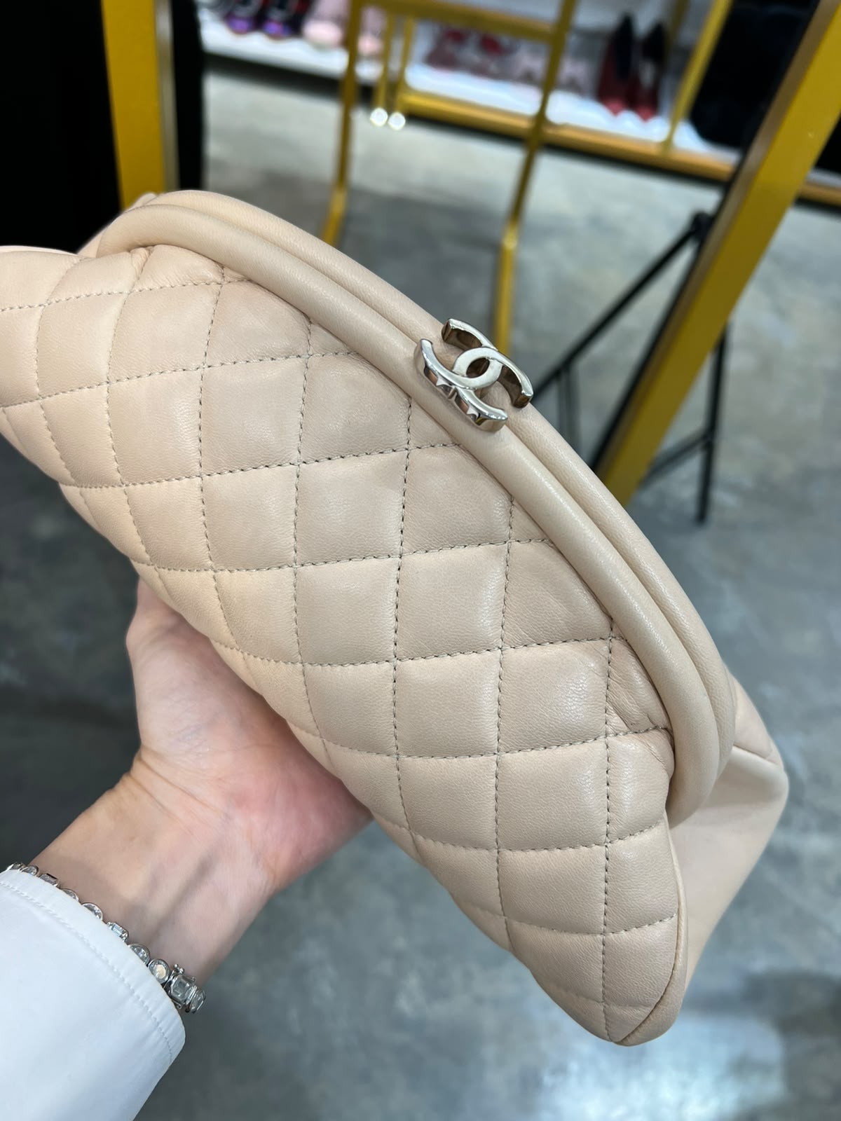 Chanel Beige Lambskin Leather Quilted Timeless Kisslock Clutch in SHW SYC2029