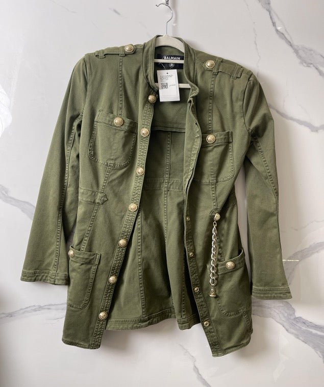 Balmain distressed vintage style fitted long-sleeved dress, green cotton, size 40. SYCC2095