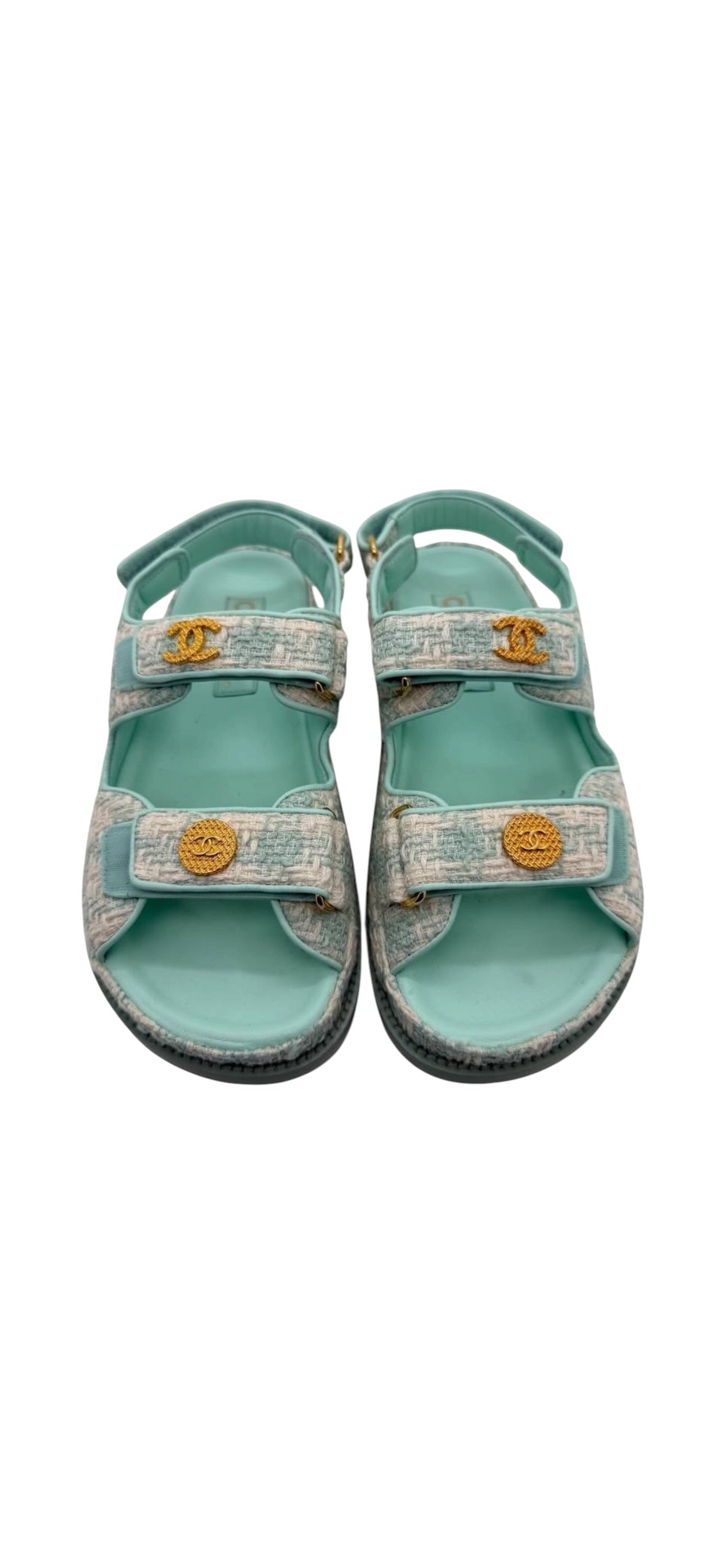 Chanel Tweed Dad Sandals Tiffany Blue Sz37C DLT7303