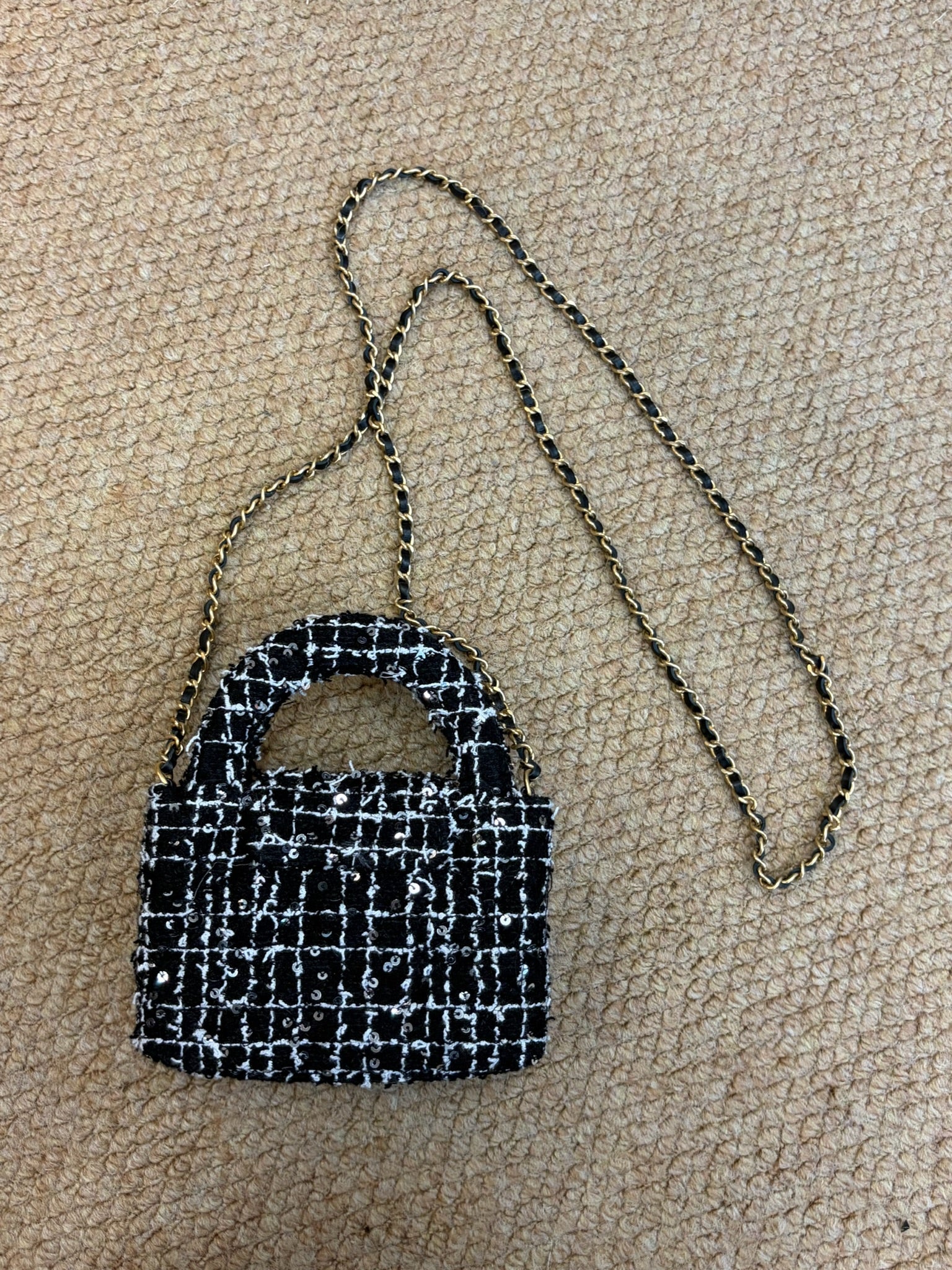 Chanel Tweed Quilted Nano Kelly Shopper Black White