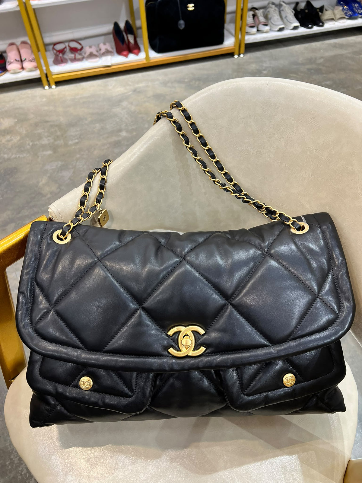 Black Lambksin Quilted Double Pocket Flap Bag GHW SYC2019