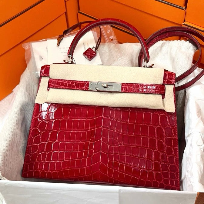 Hermes Kelly 28, bright red, two-point glossy crocodile leather. SYC2216