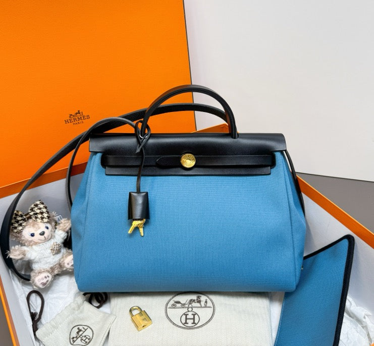 Hermès Herbag 31 with gold hardware, canvas and blue calfskin trim, 30 (B engraving/subbag/lock) 24319922