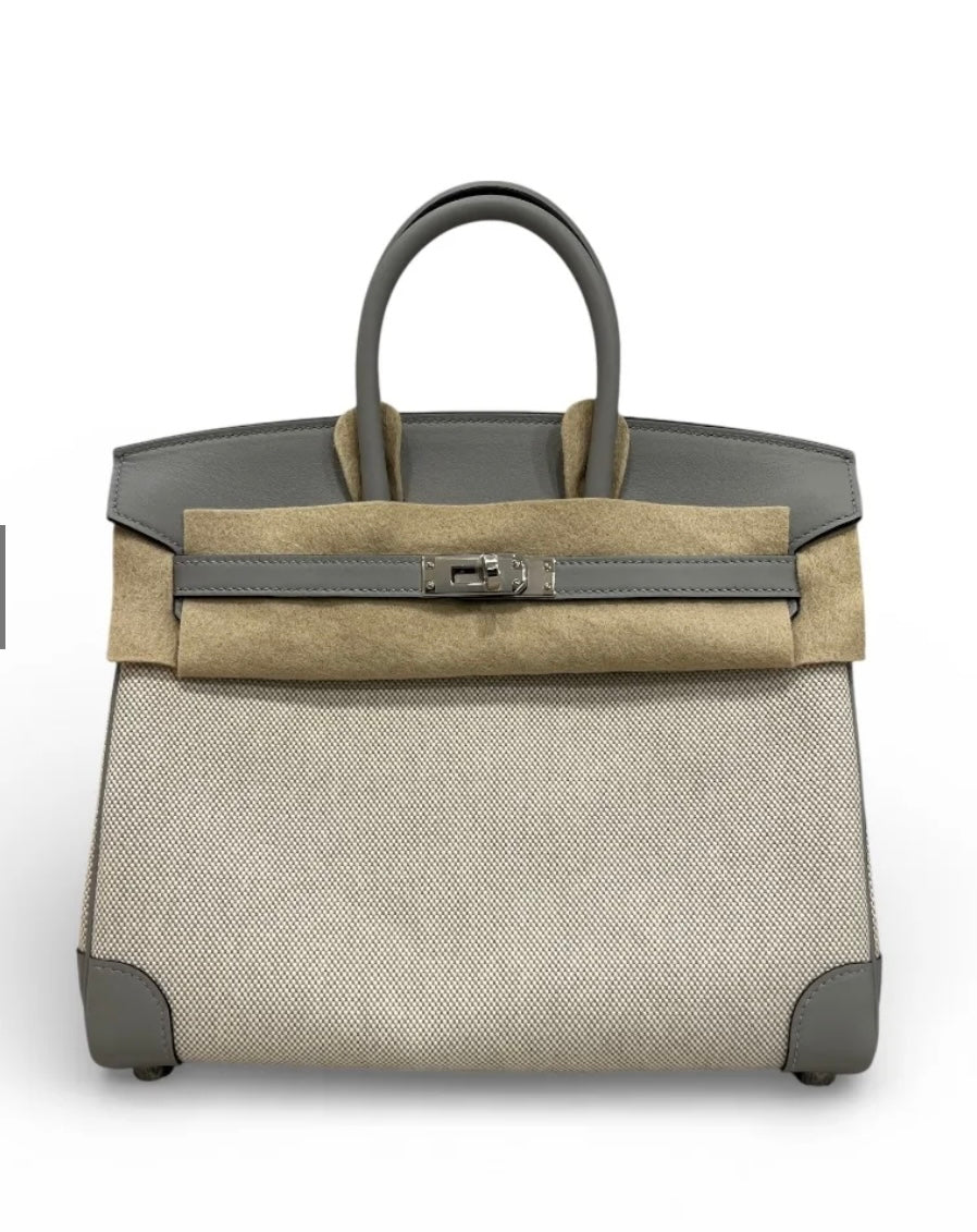 Hermes Birkin 25 Toile/Swift in Ecru-Bleu Glacier with PHW - Full Set - K Stamp