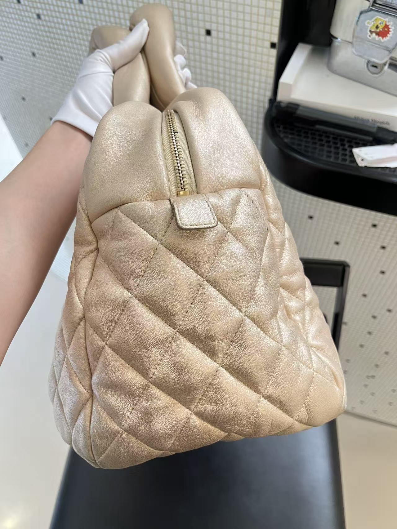 Chanel Quilted Lambskin Puffy Bowling Bag - Beige
