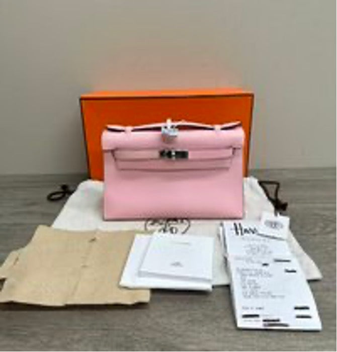 HERMES/Hermes Cherry Blossom Pink Silver Buckle Mini Kelly Handbag 3032604058074