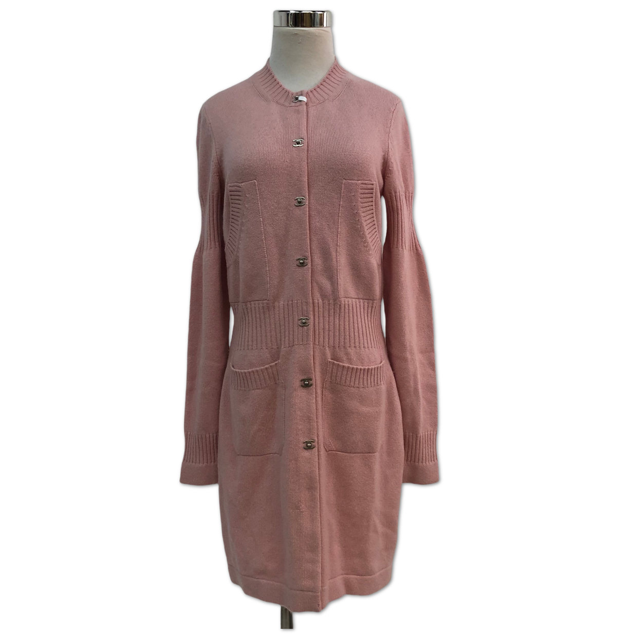 Chanel Pink Ribbed-Waist CC Button Long Knit Cardigan Dress size 38 C14361061713