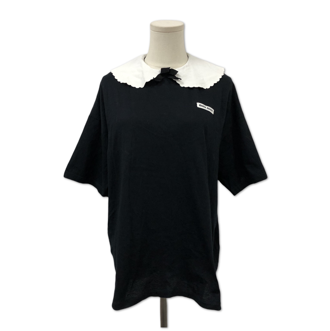 Miu Miu Black Scalloped Collar Bow Logo T-Shirt size S C1364556257