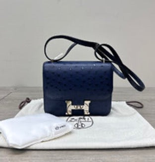 HERMES/Hermes Dark Blue Ostrich Leather Constellation 19 Shoulder/Crossbody Bag with Silver Hardware 3032604111681