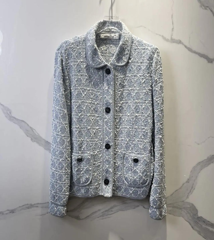 Dior 25 Glacier Blue and White Checkered Cardigan with CD Button, Size 38 SYCC2100