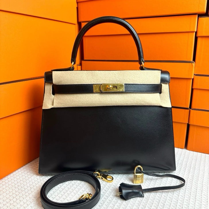 Hermes Vintage Kelly 28 Sellier Black Boxcalf GHW #A SYC2220