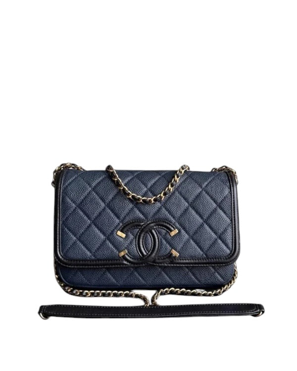 CHANEL FILIGREE CC SMALL - CAVIAR QUILTED GRAINED CALFSKIN DARK NAVY BLUE BLACK GOLD HARDWARE SERIES 23 SYCMCA118