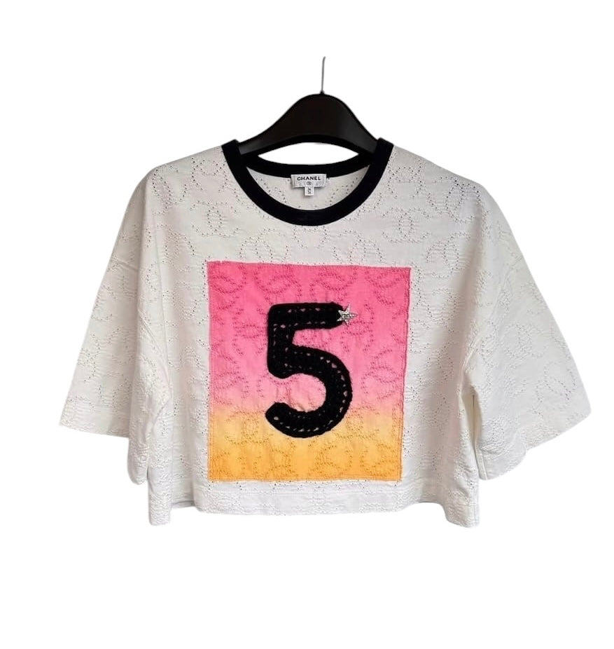 Chanel No. 5 Logo Cropped Tee Off White/Sunset Pink Sz 36 SYCYA113