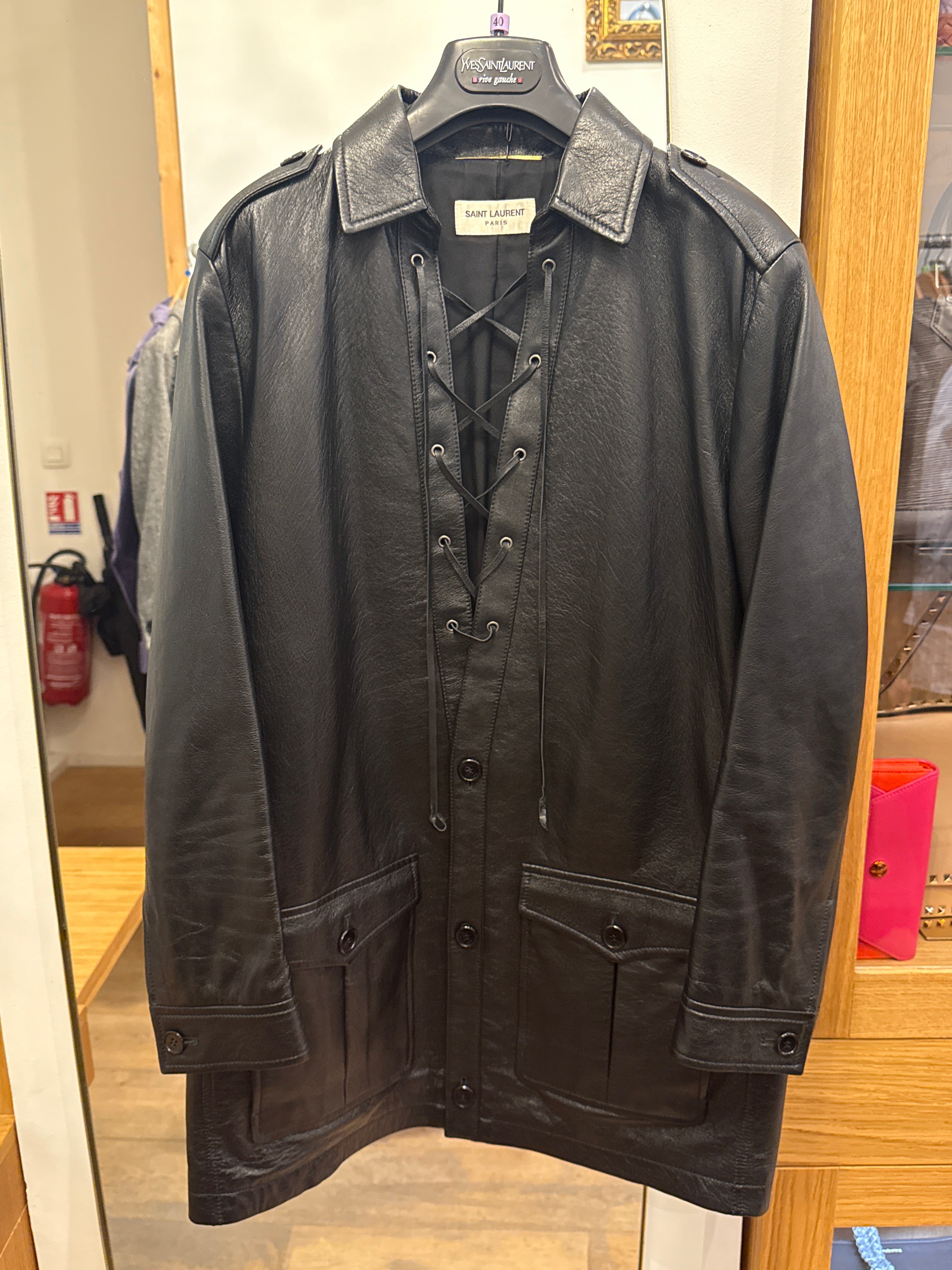 Yves Saint Laurent Black safari style leather jacket AGC3616