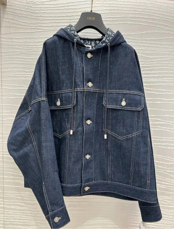 DIOR Dioriviera FW24 Oblique Print Solid Color Single-Breasted Loose Hooded Denim Jacket for Women LZ901B99921