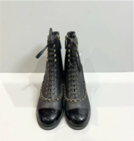 Chanel leather chain-strap lace-up ankle boots, black, size 35.5. LZ0205H9913