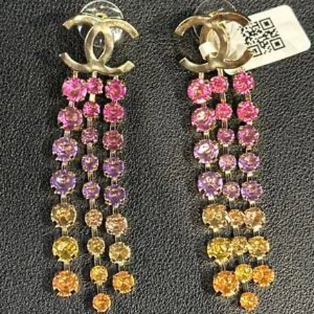 CHANEL Pink Rhinestone Tassel Double C Stud Earrings NC603003
