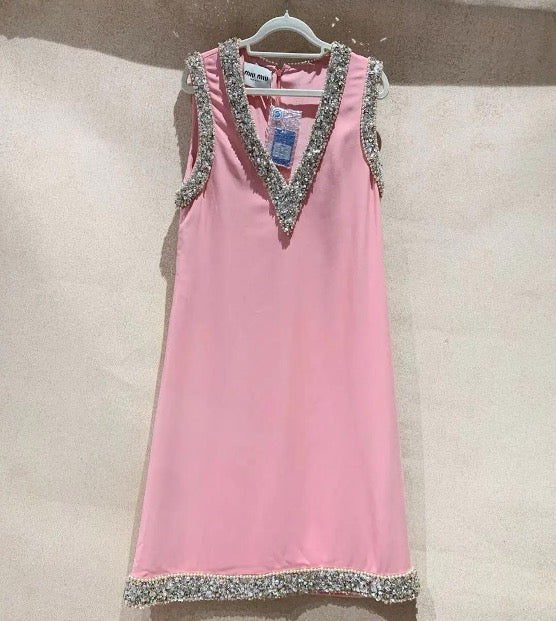 MIU MIU SS22 Solid Color Crystal V-Neck Sleeveless Dress, Women's, Pink, Size 42 SYCC2039