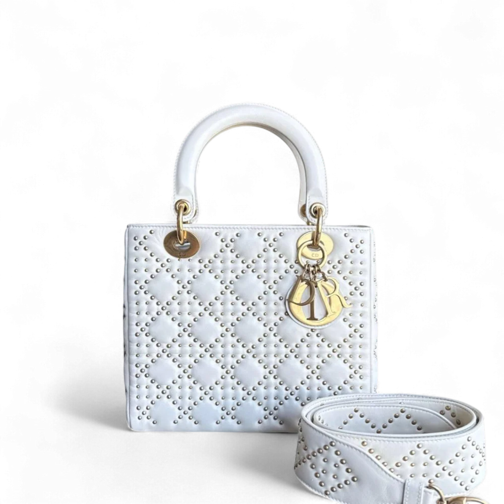 DIOR LADY MEDIUM - CANNAGE CALFSKIN STUDDED WHITE GOLD HARDWARE ZIP VERSION SYCM512
