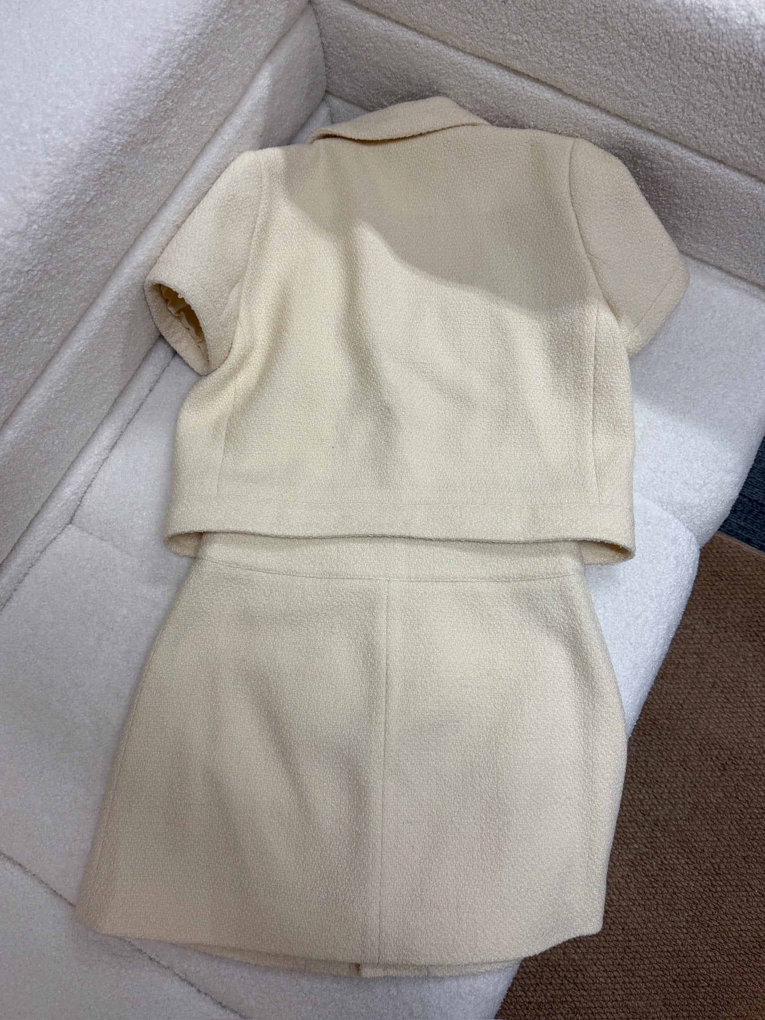 Celine Women's Wool Blend Tweed Short Sleeve Jacket & Skirt Set - Beige with Gold Buttons