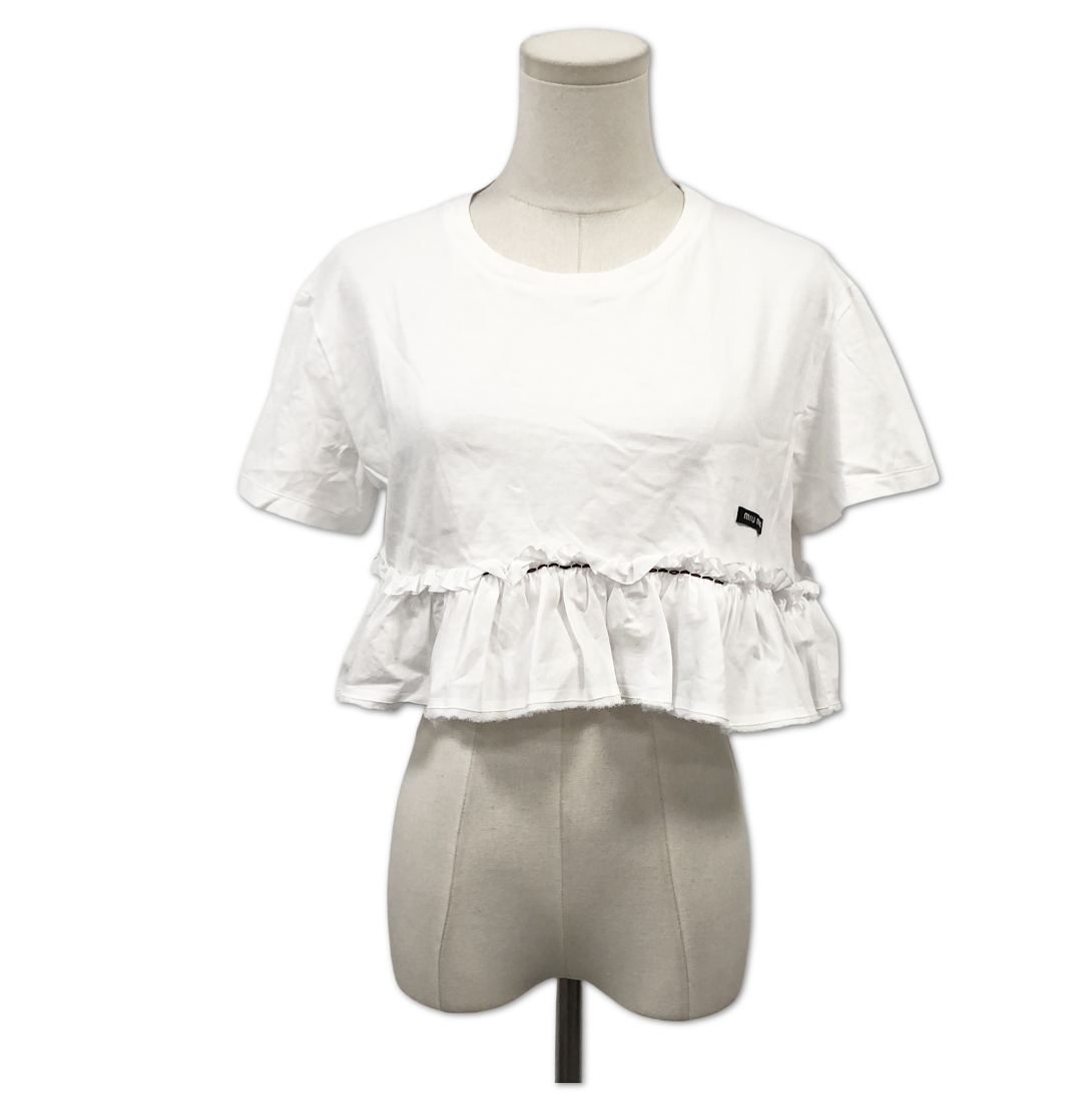 Miu Miu White Ruffle-Hem Cropped Logo T-Shirt size L C1365676736