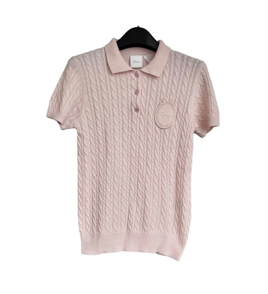 Dior Cable Knit Polo Shirt Pink Cotton Sz38 SYCYA120