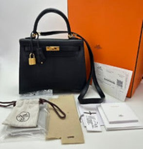 HERMES Kelly 25 Black and Gold Goats Leather Handbag 3032604234033