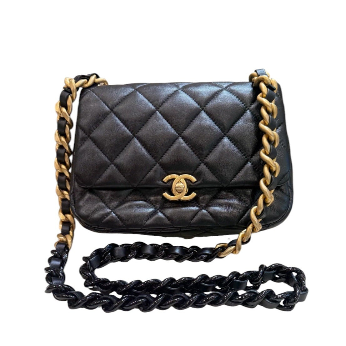 Chanel Black Flap Bag in Lambskin with Black and Gold Chain Strap