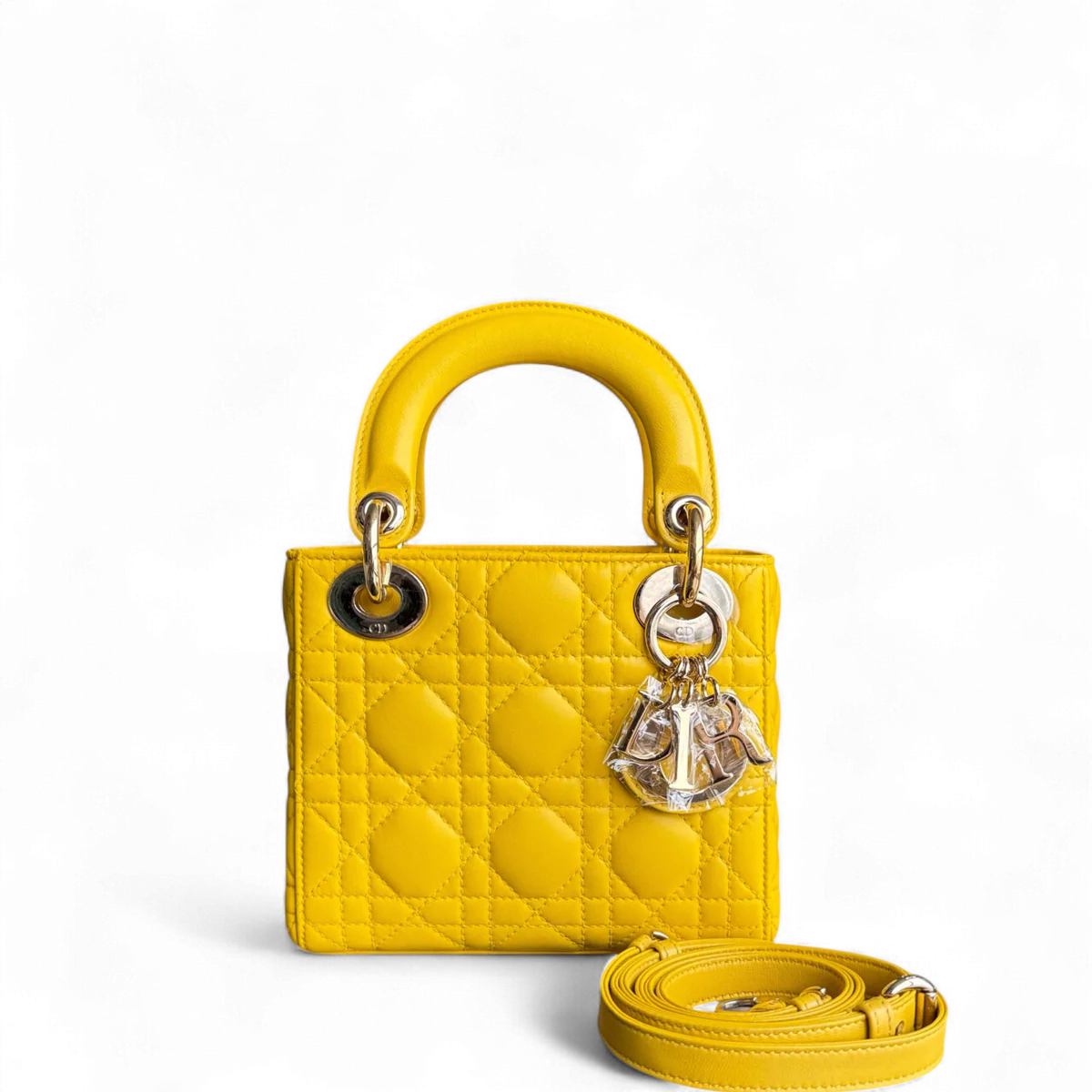 DIOR LADY MINI - CANNAGE LAMBSKIN YELLOW SILVER HARDWARE SYCM487
