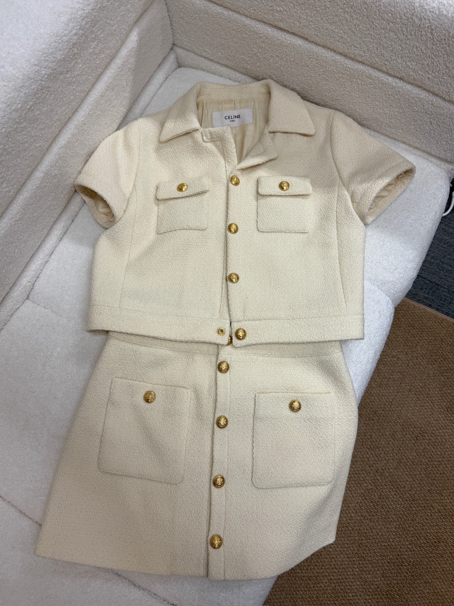 Celine Women's Wool Blend Tweed Short Sleeve Jacket & Skirt Set - Beige with Gold Buttons