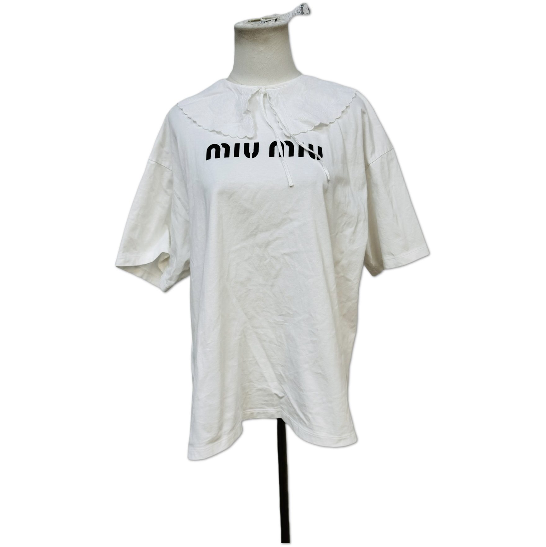 Miu Miu White Scalloped Collar Logo T-Shirt size M C14416758672