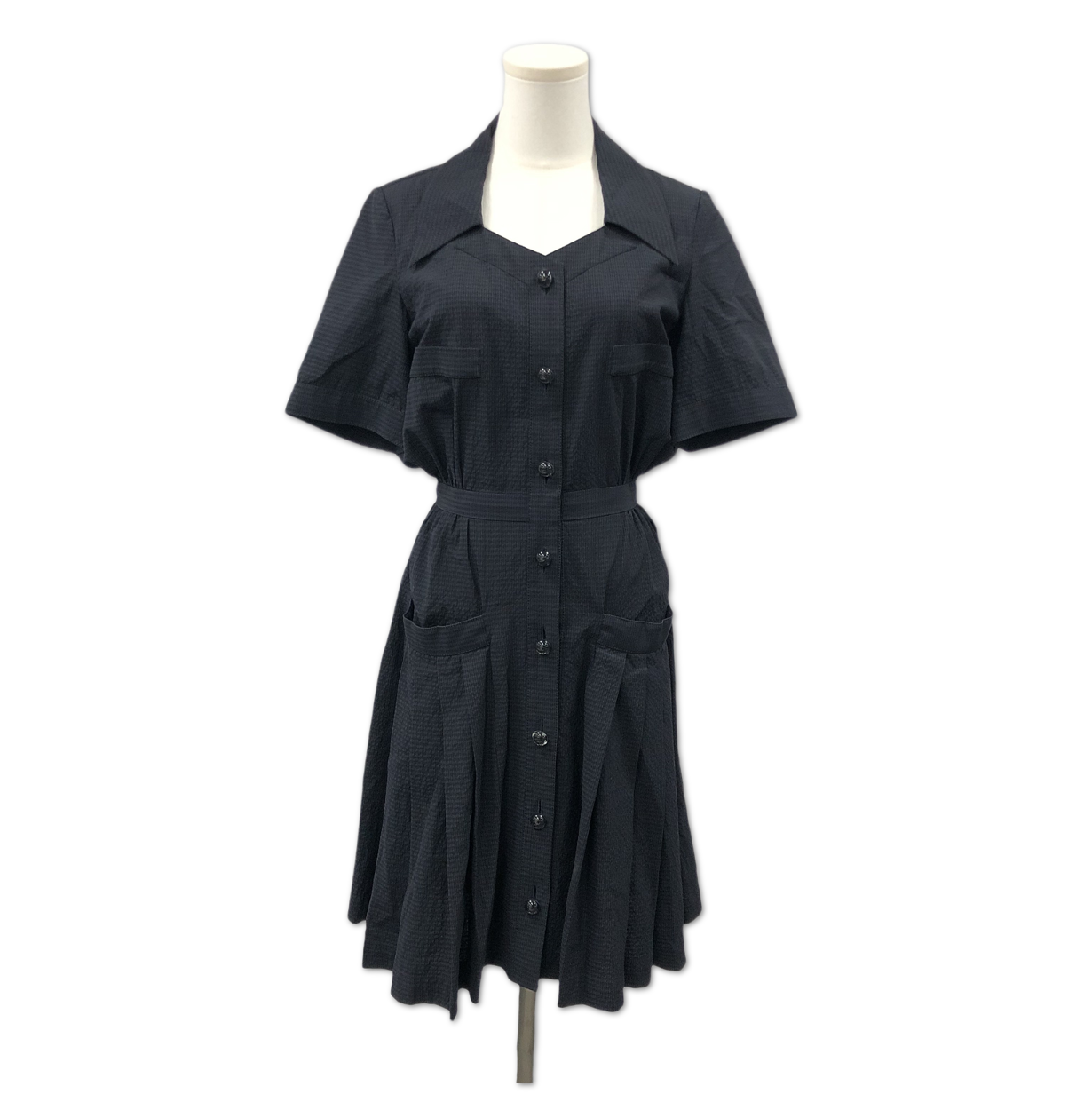 Chanel Black Seersucker Short-Sleeve Button-Front Pleated Dress size 36 C1361909176