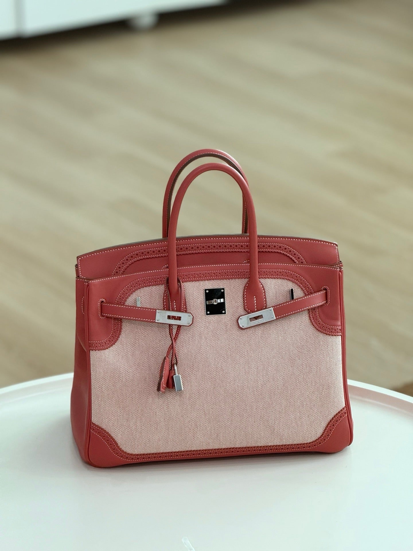 Hermès Birkin 35 Ghillies Sanguine Toile Canvas & Swift Leather Palladium Hardware