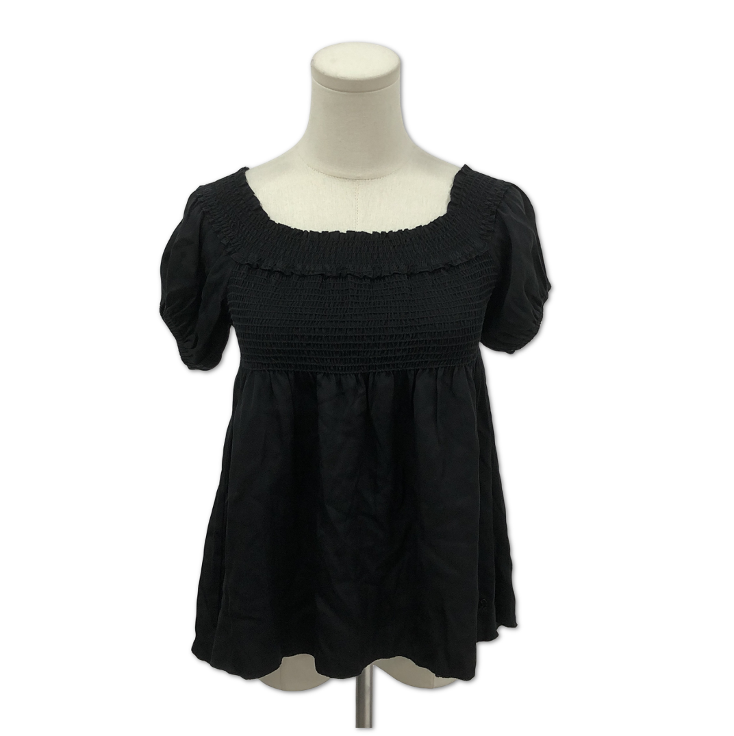 Chanel Black Smocked Square-Neck Short-Sleeve Blouse Top size 36 C1365657335
