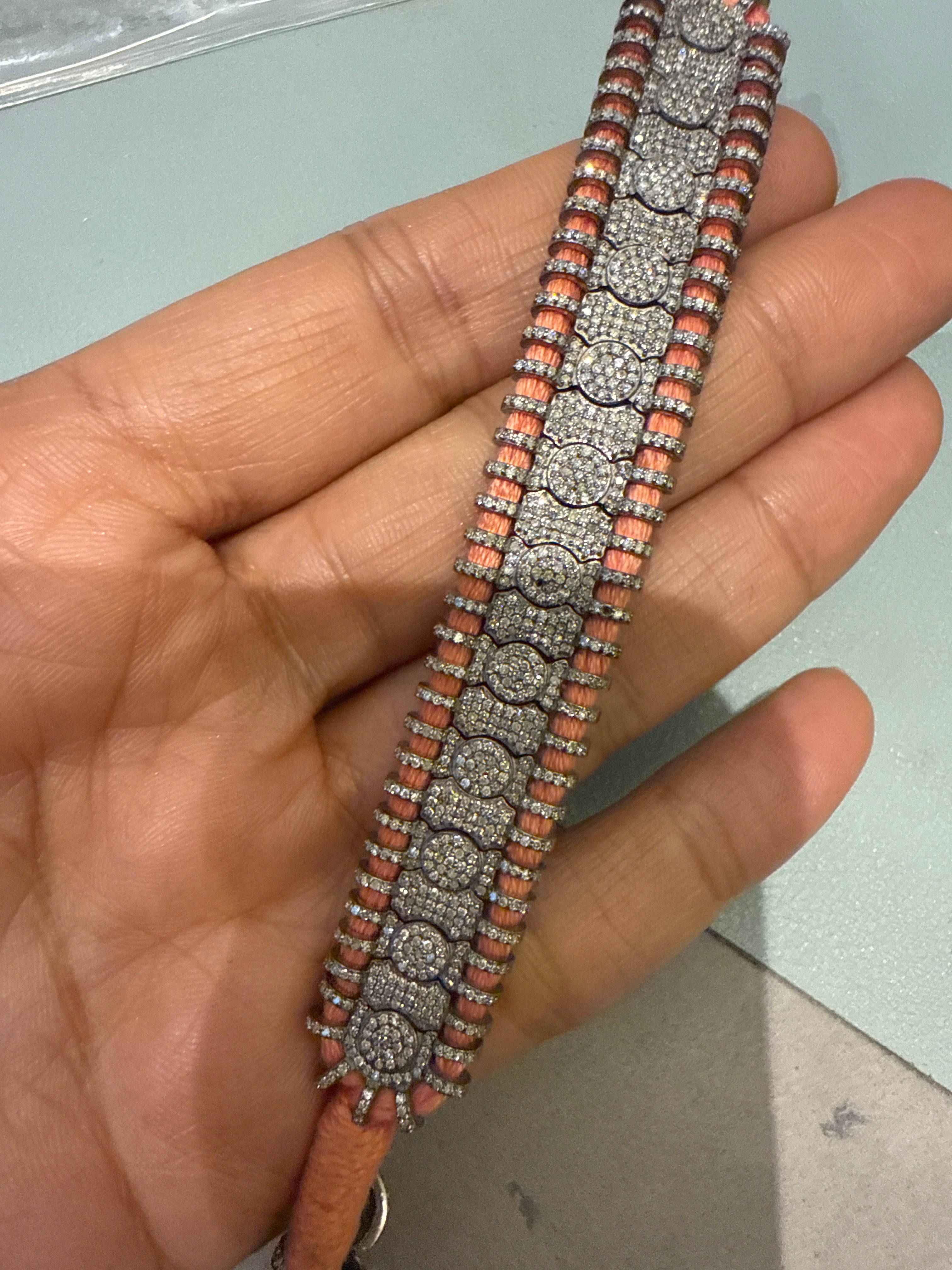 Coral Orange Thread Victorian Bracelet - Grs Wt. 22.30gms; Silver Wt.: 20.674gms; Dia Single Cut 2.83Cts with 1094pcs Stones.