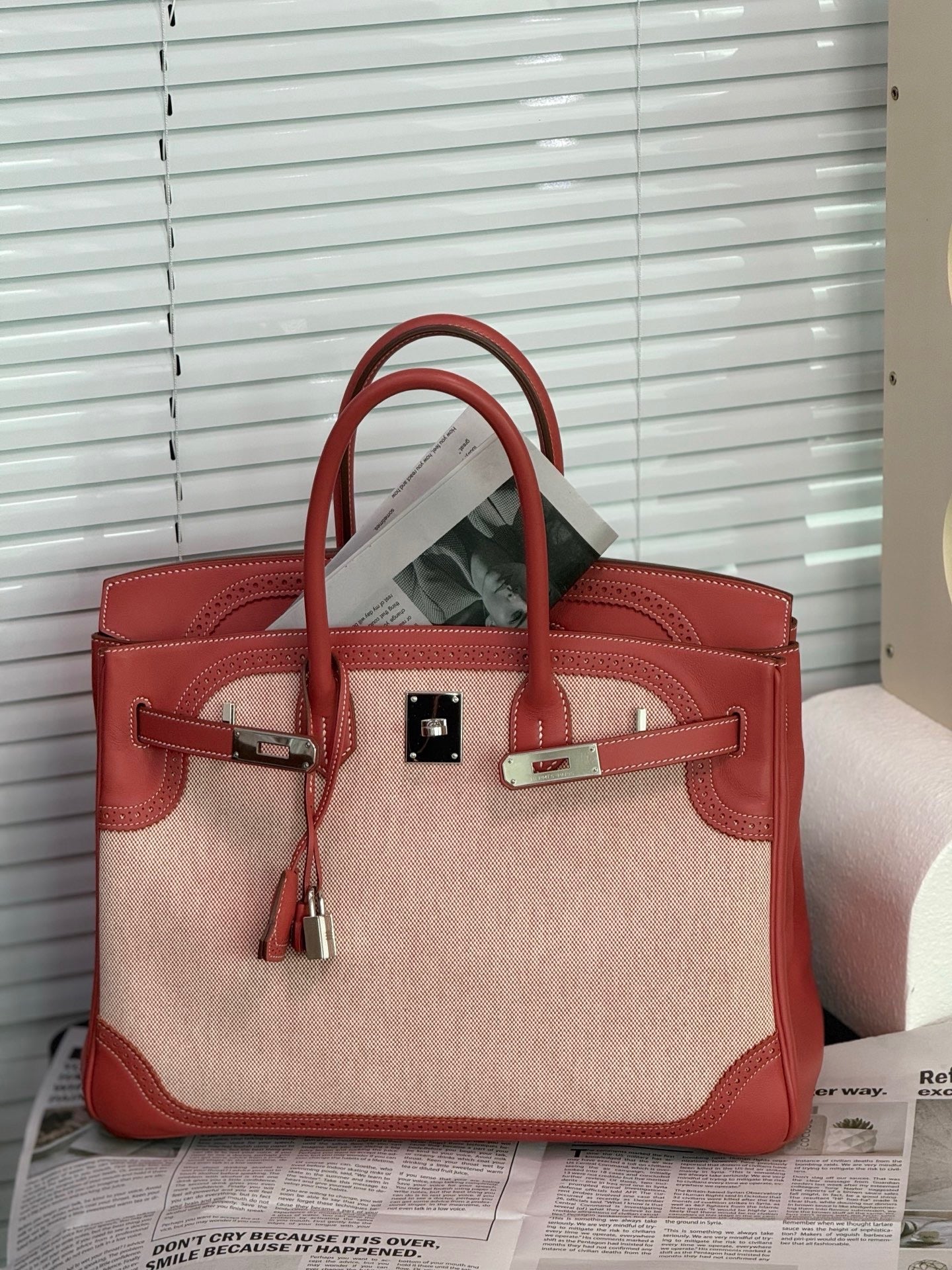 Hermès Birkin 35 Ghillies Sanguine Toile Canvas & Swift Leather Palladium Hardware