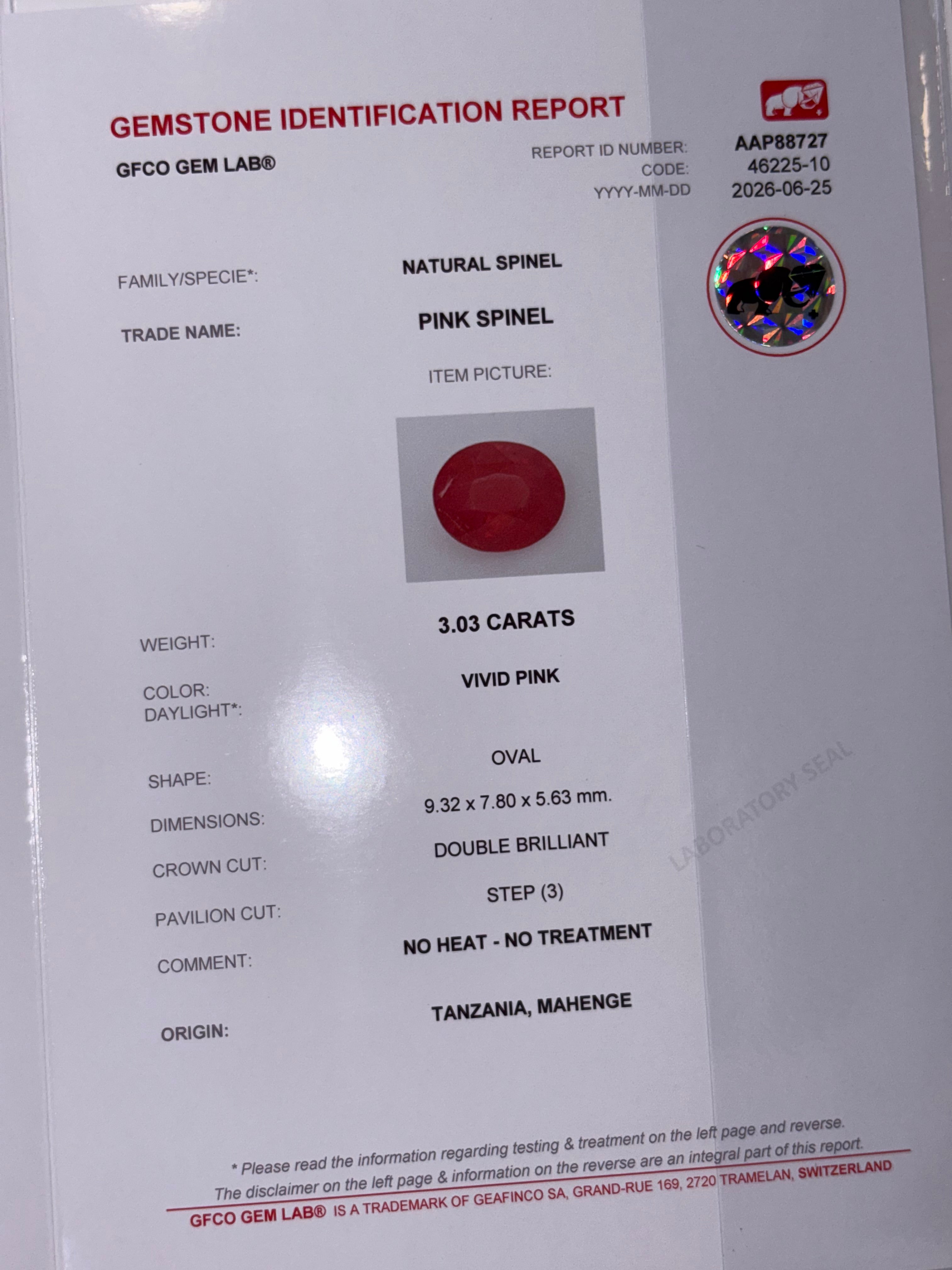 3.03ct Vivid Pink Spinel Mahenge Oval DXBCS5748