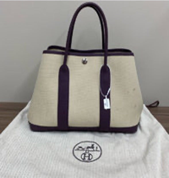 HERMES Garden 30 Handbag (Canvas and Leather Patchwork with Silver Buckle) 3022605050770